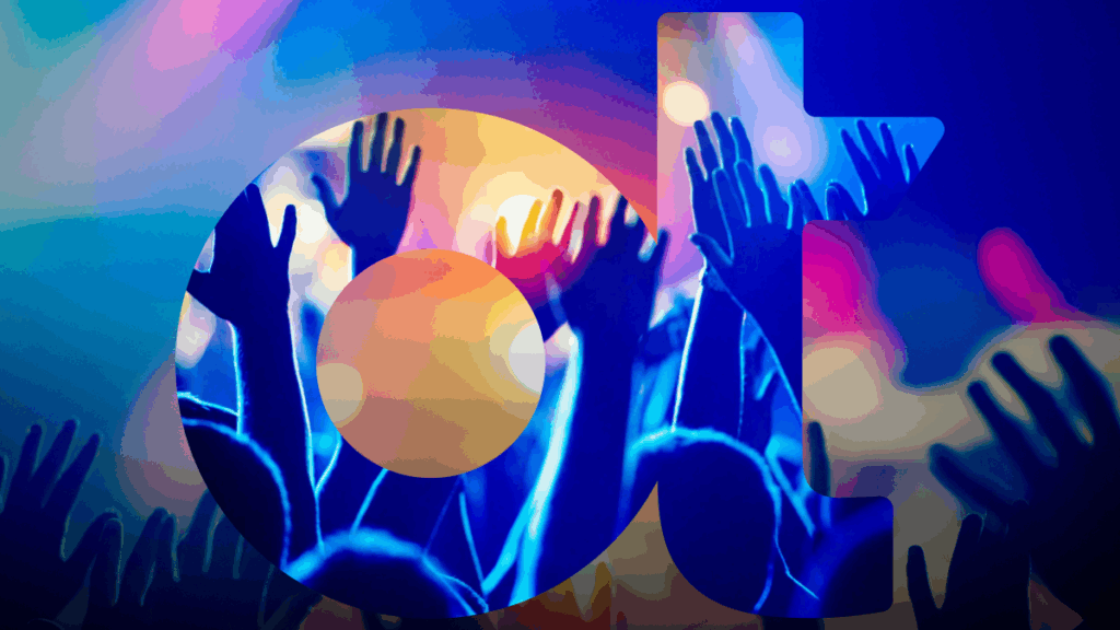 OpenText translucent logo in front of a crowd raising hands