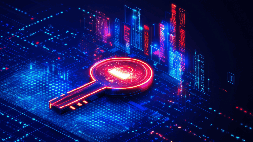 This is a stylized image of a key with data representing post-quantum cryptography.