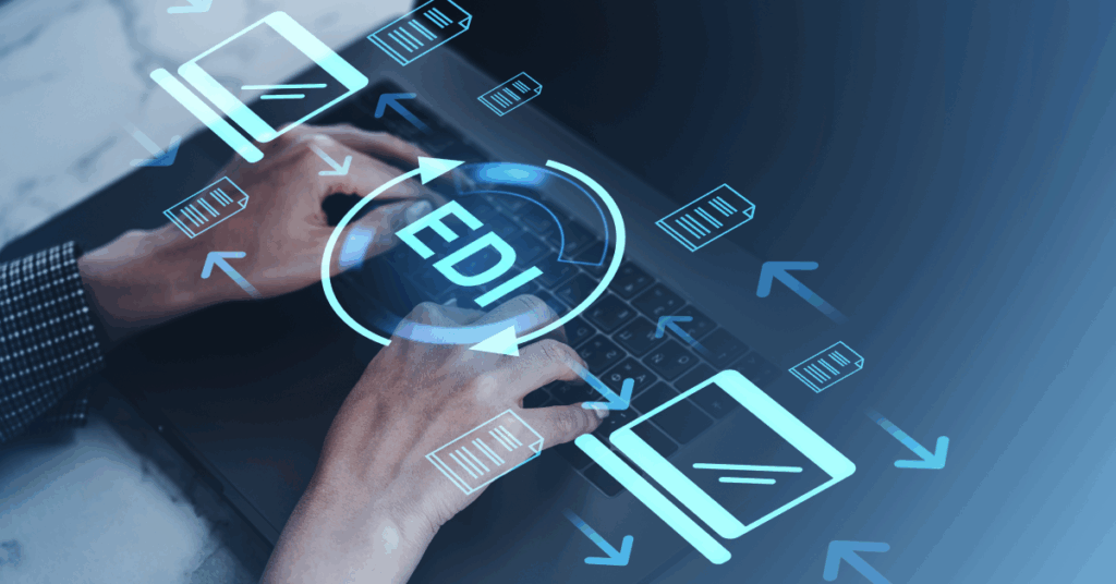 A digital banner for OpenText Business Network showing the headline “Accelerate growth with a unified integration platform.” The image features abstract blue and white graphics symbolizing data flow and connectivity across a global supply chain, with the OpenText logo and campaign tagline emphasizing digital transformation and mid-market growth.