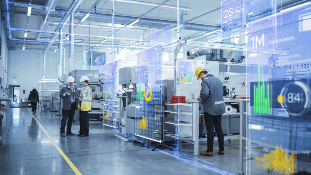 People interacting with IoT in a supply chain operations