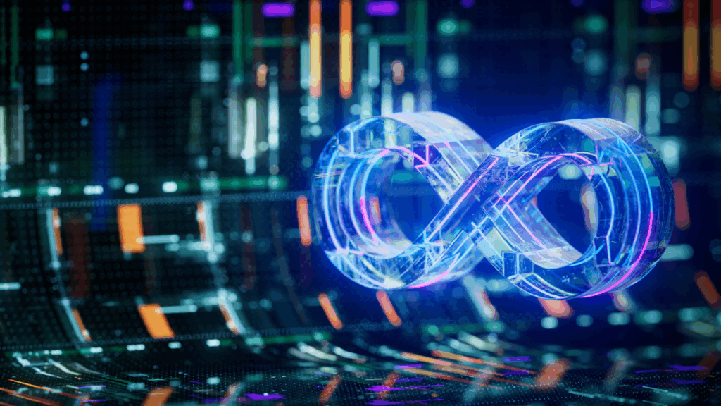 Dark background with code on a screen with the enterprise devops infinity loop in light blue indicating AI-powered, autonomous delivery without limits or compromise