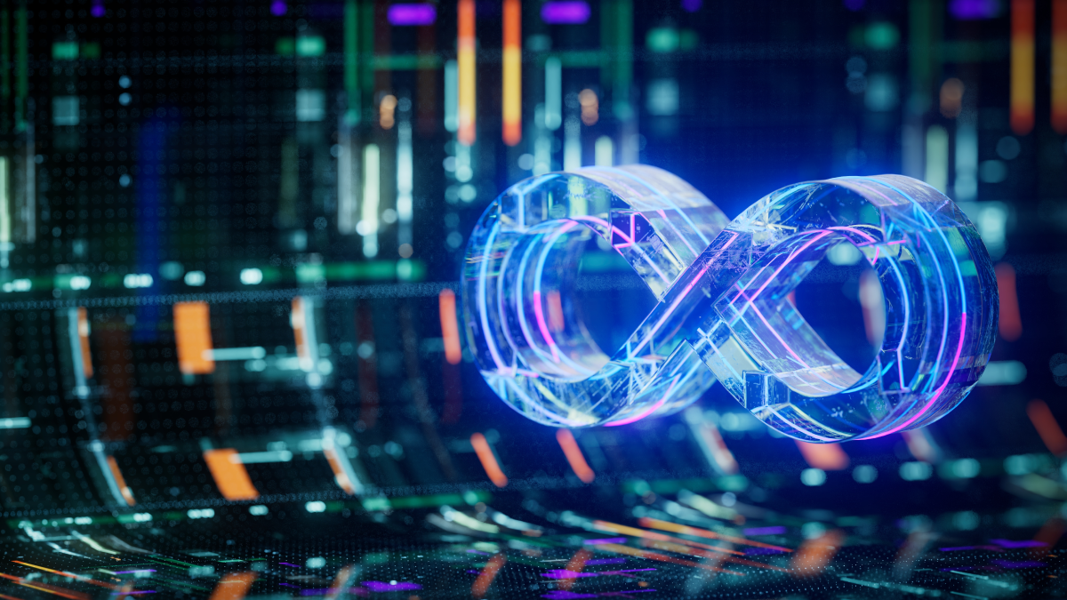 Dark background with code on a screen with the enterprise devops infinity loop in light blue indicating AI-powered, autonomous delivery without limits or compromise