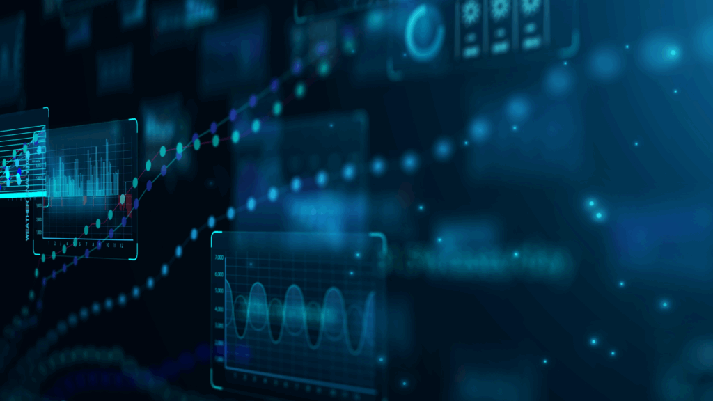 dark blue background with lighter blue code flying across screen indicating how much easier it will be using project and portfolio management software