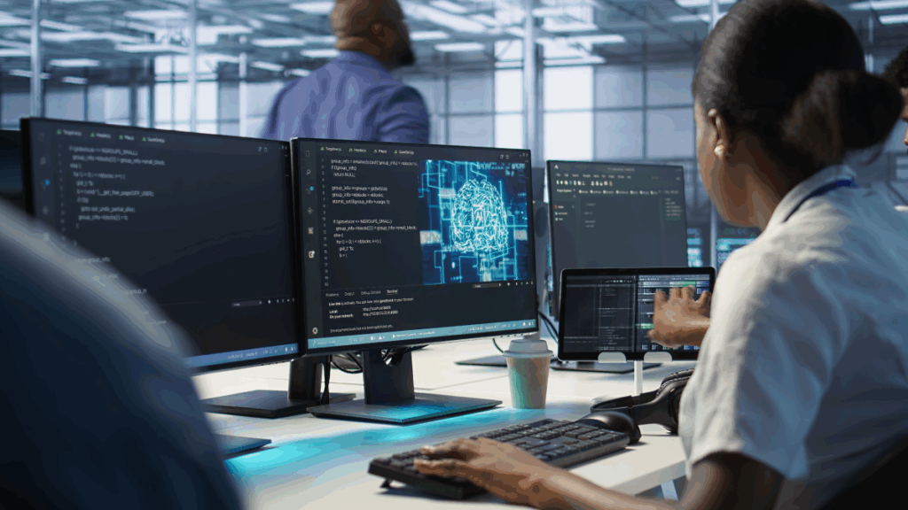 A cybersecurity analyst works at a desk with multiple monitors displaying code and a digital brain graphic, symbolizing artificial intelligence and data analysis, in a modern office environment.