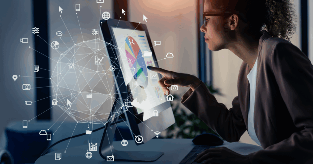 A digital banner for OpenText Business Network showing the headline “Accelerate growth with a unified integration platform.” The image features abstract blue and white graphics symbolizing data flow and connectivity across a global supply chain, with the OpenText logo and campaign tagline emphasizing digital transformation and mid-market growth.