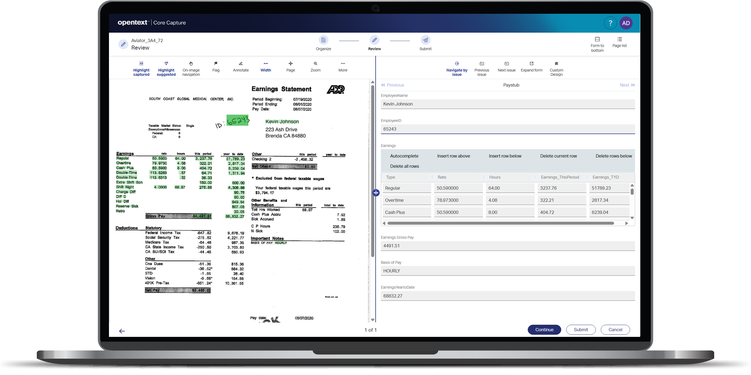 A screenshot of a paystub in OpenText Core Capture, after the document has been processed with OpenText Capture Aviator, an AI document understanding add-on to OpenText Core Capture.