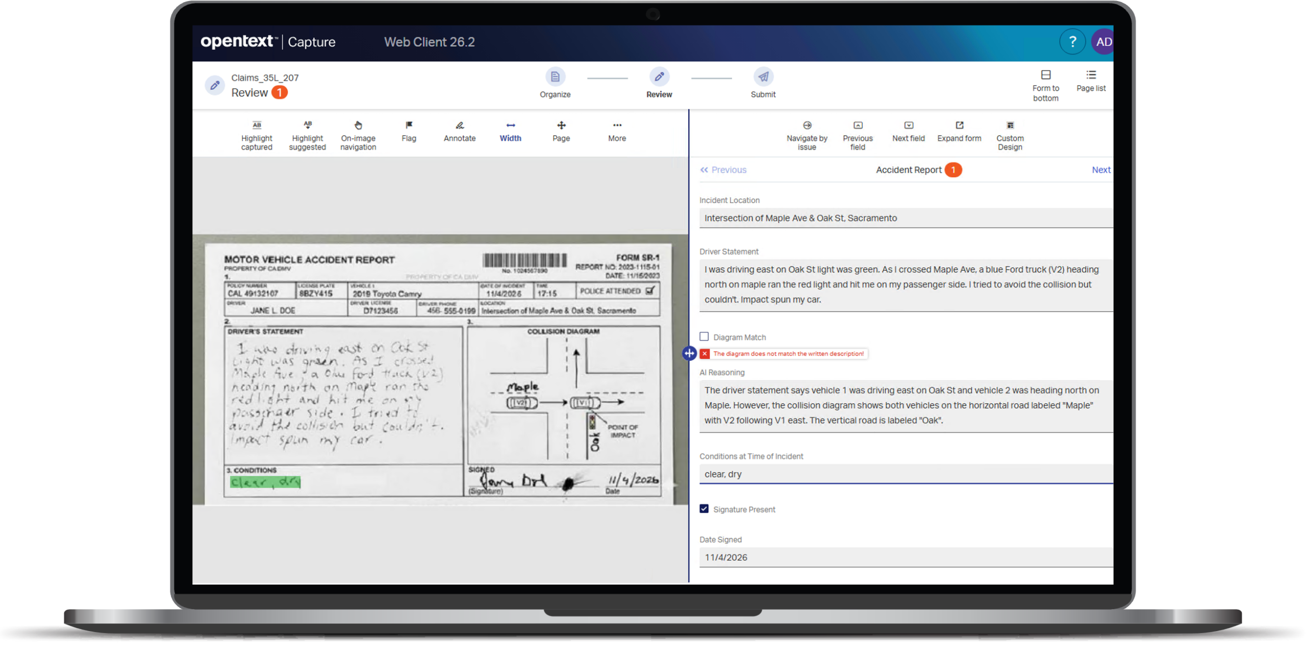 See a screenshot of a vehicle accident report in OpenText Capture, after the document has been processed with OpenText Capture Aviator, an AI document understanding add-on to OpenText Capture.