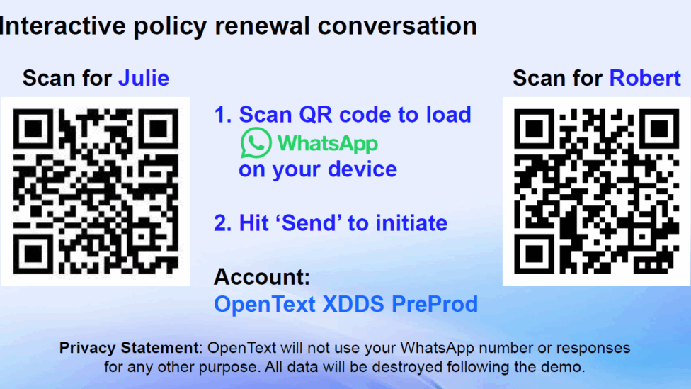 Slide titled “Interactive policy renewal conversation.” Two QR codes labeled “Scan for Julie” and “Scan for Robert.” Instructions: “1. Scan QR code to load WhatsApp on your device. 2. Hit ‘Send’ to initiate.” Account: OpenText XDDS PreProd. Privacy statement below.