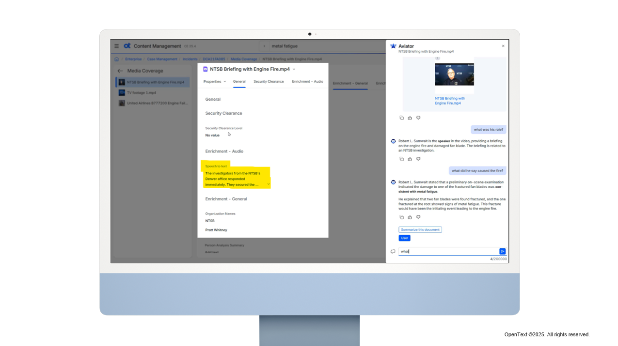 OpenText Content Aviator gives accurate responses for an audio file by having access to the transcription, as part of the audio file’s metadata