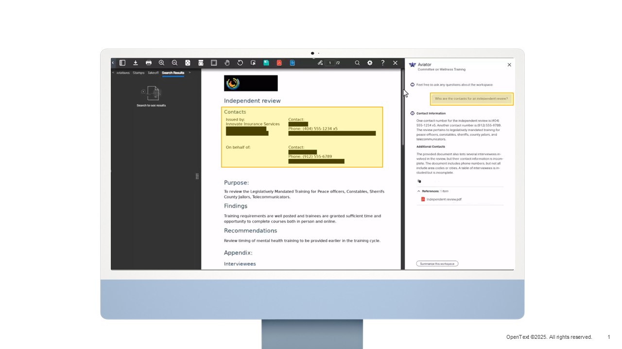 OpenText Content Aviator gives compliant responses about a document where PII has been redacted.