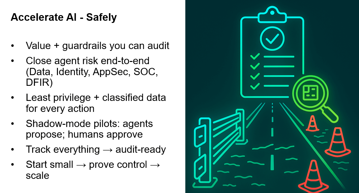 Illustration of a neon checklist and road barriers, highlighting safe AI acceleration principles.
