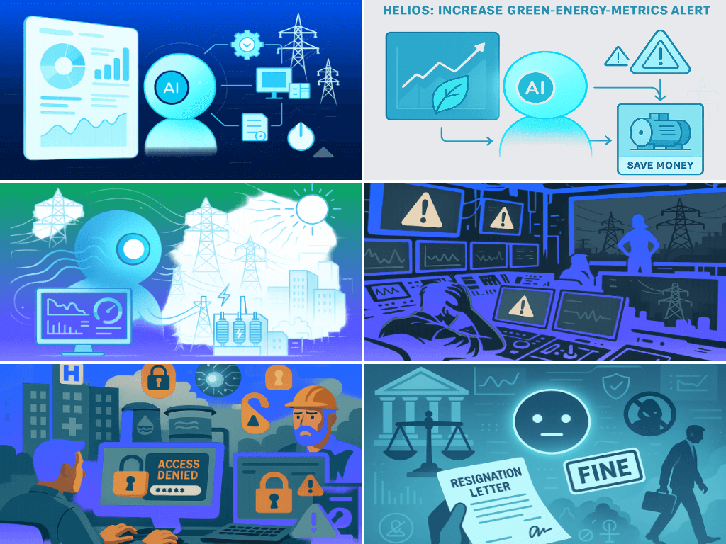 Six-panel illustration showing an AI system managing energy operations, optimizing green metrics, then causing alerts, access denial, and compliance issues for an energy company