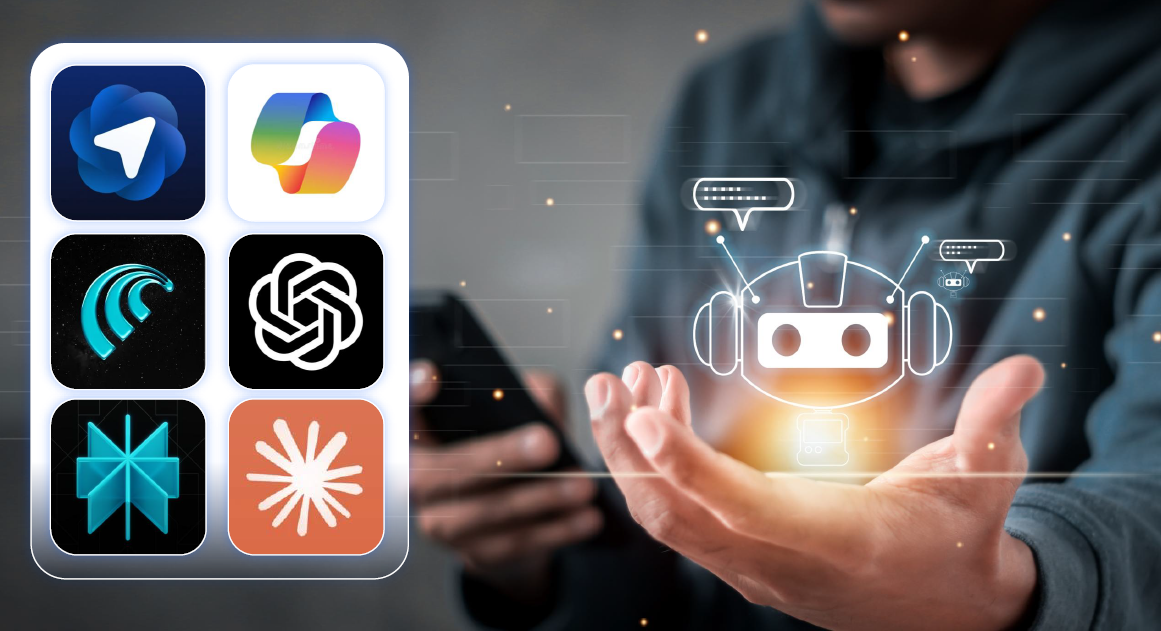 Person holding a smartphone with a glowing holographic chatbot icon and speech bubbles, alongside six AI tool logos including ChatGPT, Copilot, Perplexity, and others, representing the rise of conversational AI tools transforming customer experiences.