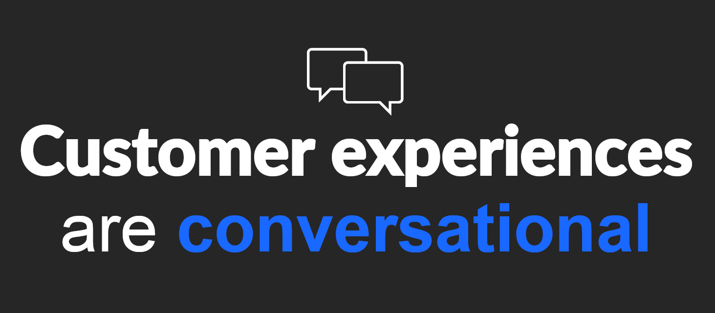 Black background with two speech bubble icons above bold white and blue text: “Customer experiences are conversational.”