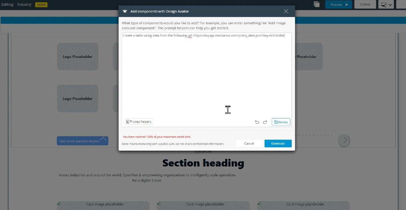 Screenshot of OpenText Design Aviator interface showing a prompt box for adding components, with placeholder logos and section headings in the background. Text in the prompt box suggests creating a table using a URL.