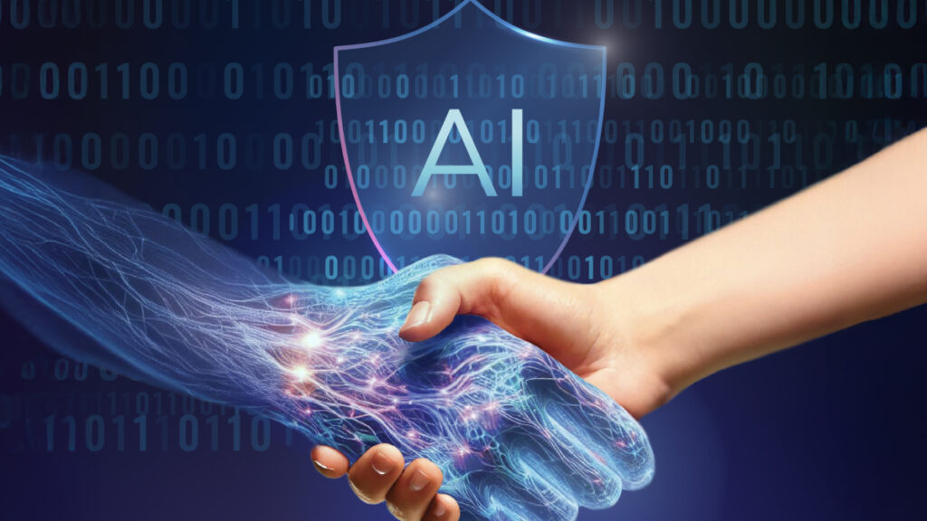 Human shaking hands with a robot in front of a shield that says AI