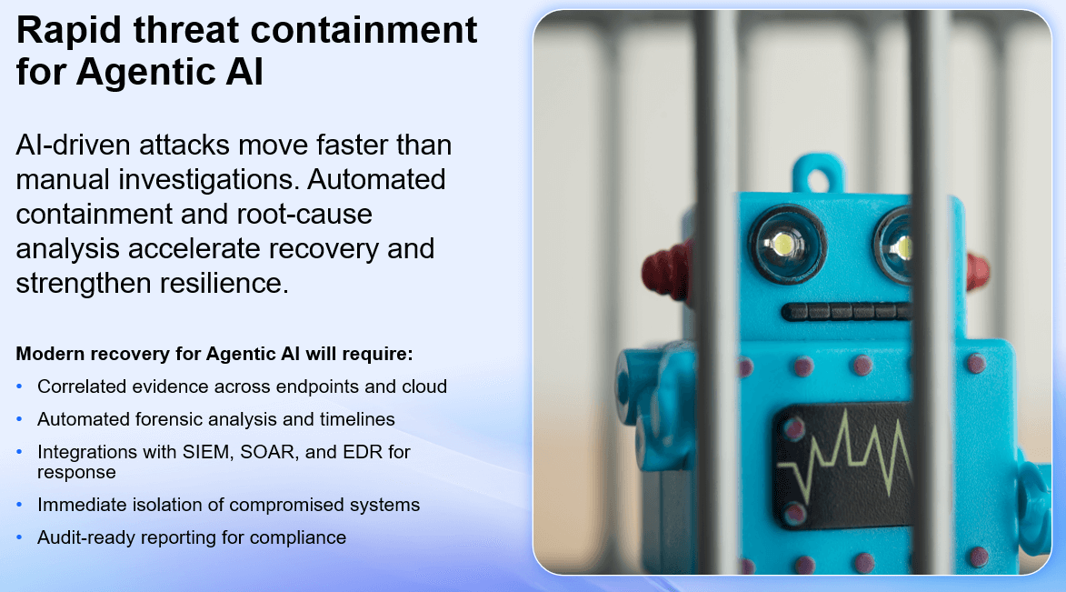 Slide titled ‘Rapid threat containment for Agentic AI’ with text about automated recovery and a photo of a blue toy robot behind metal bars, symbolizing containment