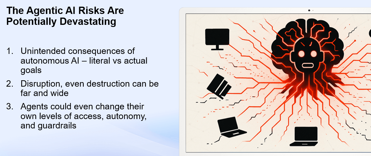 Illustration of a red warning face with radiating lines and icons of disrupted devices, showing AI risks.