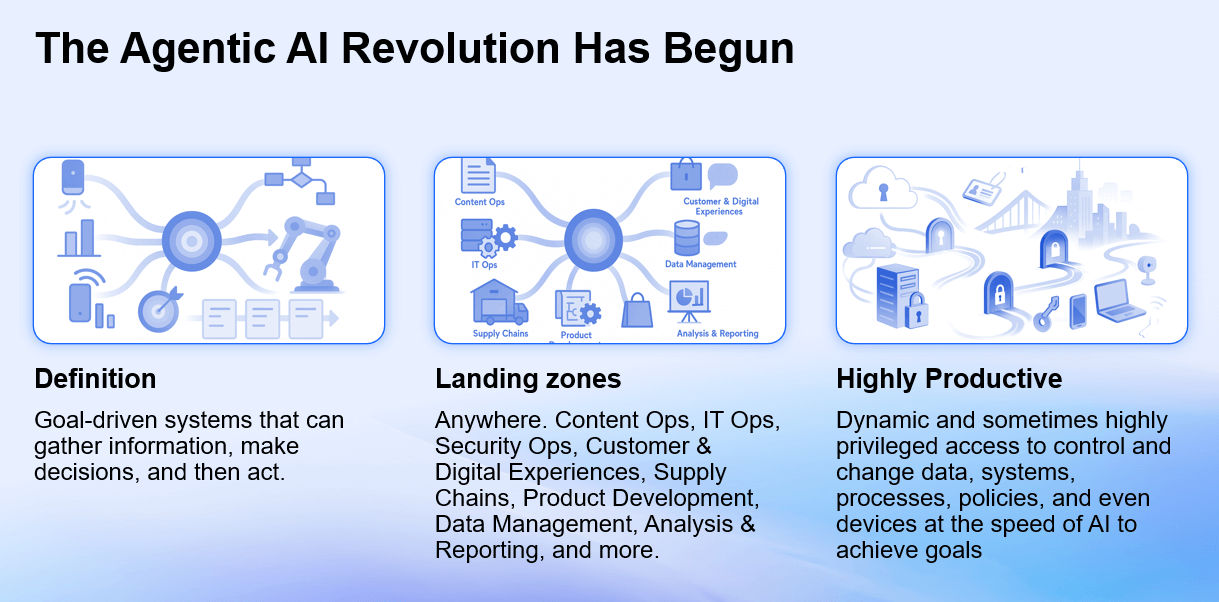 Diagram explaining agentic AI capabilities, landing zones, and productivity benefits.