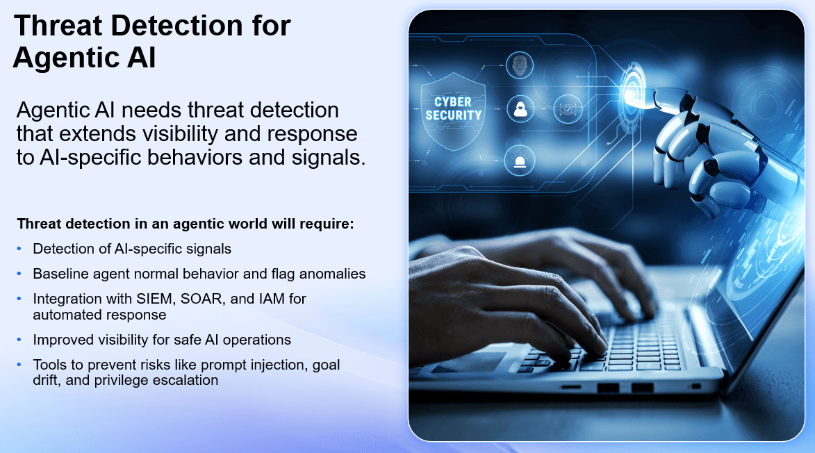 Robotic hand and human hand near a laptop with cybersecurity icons, emphasizing AI threat detection.