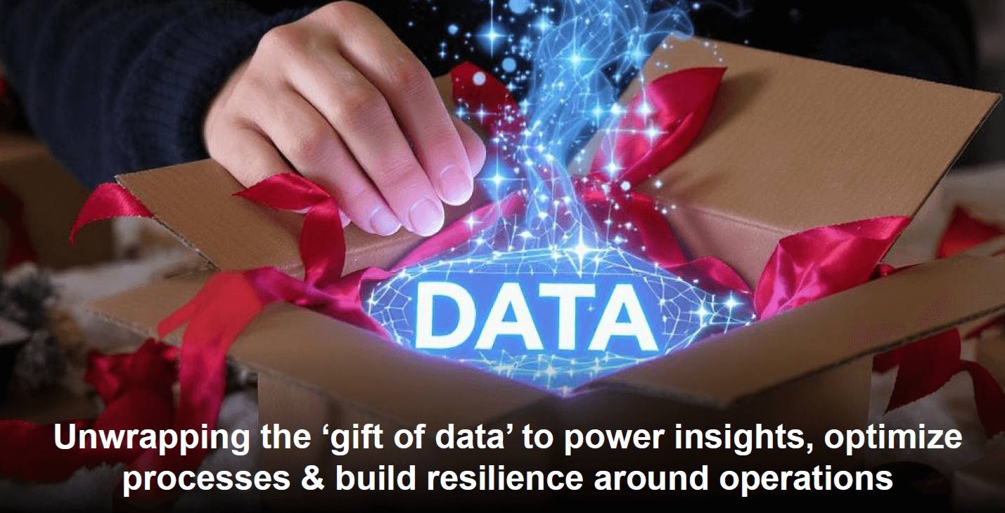 A gift box being opened to reveal a glowing digital object labeled “DATA.” Caption emphasizes using data to generate insights, optimize processes, and build operational resilience.