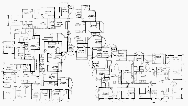 Complex floor plan of the Winchester Mystery House, showing a maze-like layout with dozens of interconnected rooms, hallways, and dead ends—used as an analogy for the growing complexity of enterprise IT systems.