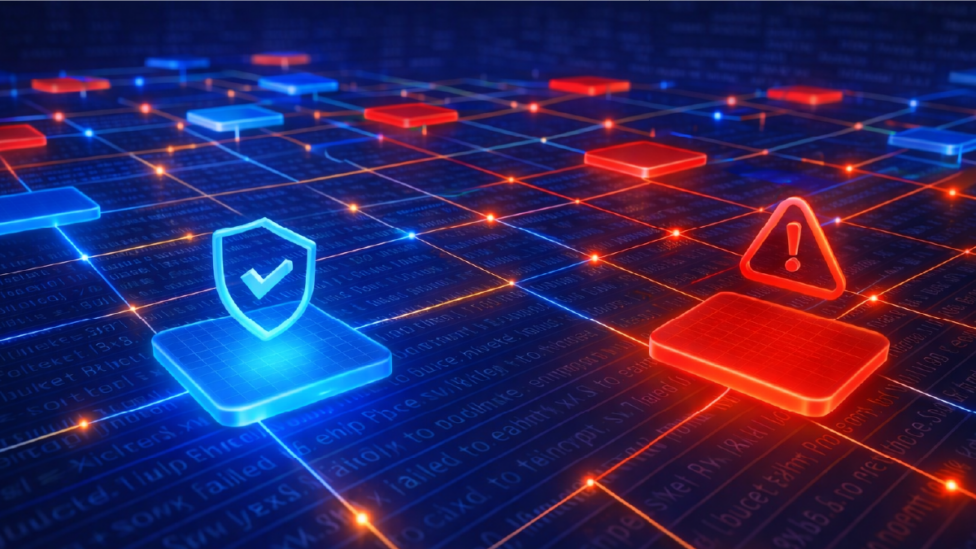 This is a stylized image showing software supply chain security. 