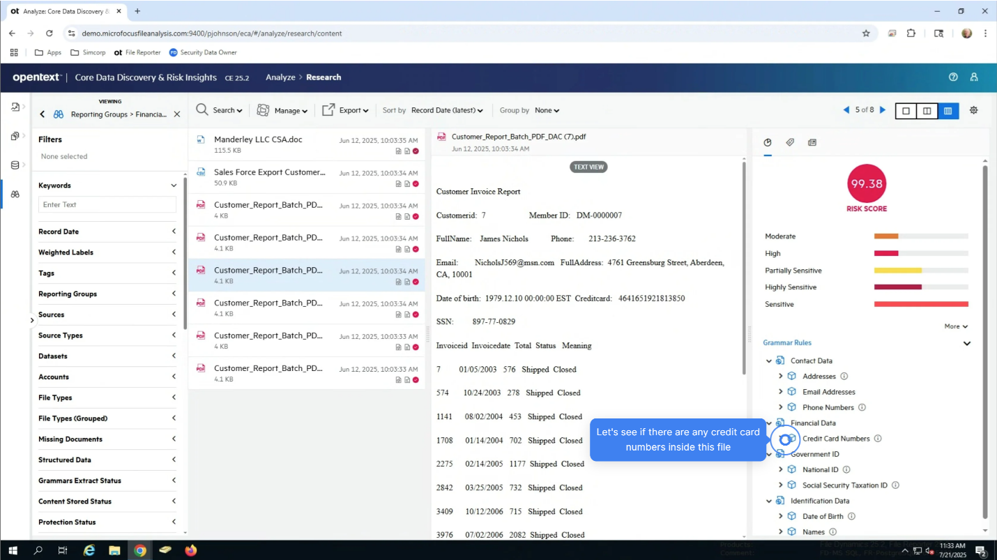 This is a second screenshot showing which files contain credit card information. 