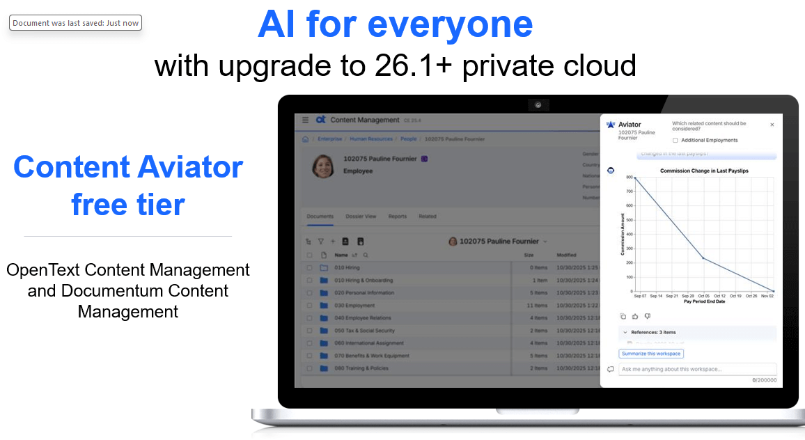 Content Aviator free tier announcement for OpenText and Documentum Content Management with upgrade to version 26.1