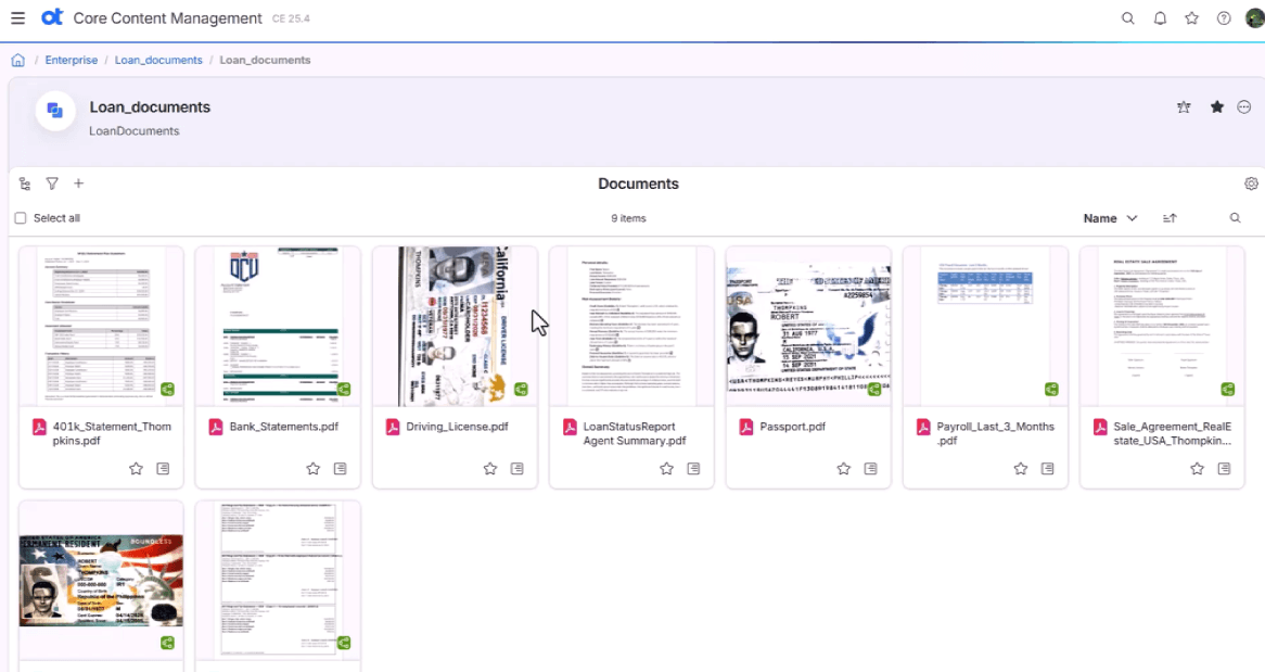 Loan documents folder showing thumbnails of financial documents including statements, licenses, and passports