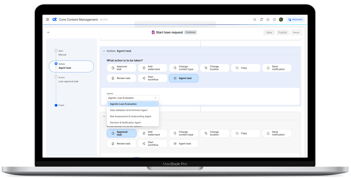 Workflow configuration screen for loan request showing agent task options and agentic loan evaluation