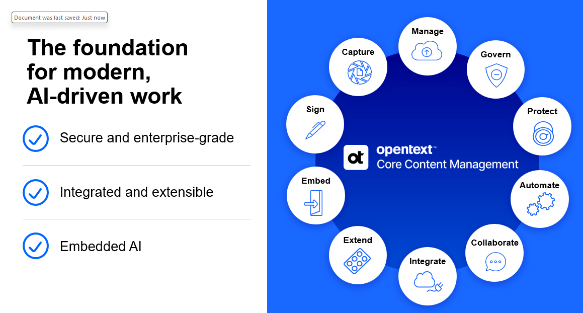 OpenText Core Content Management foundation showing secure, integrated, and embedded AI features with capability icons