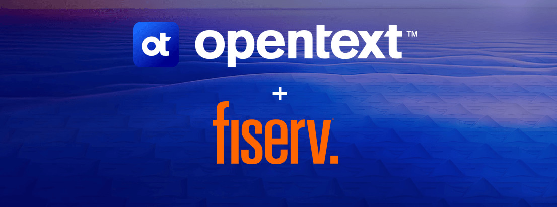 OpenText and Fiserv partnership logos on gradient blue background