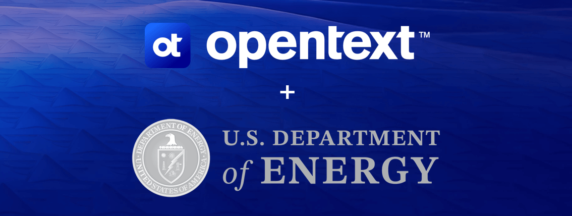 OpenText and U.S. Department of Energy partnership logos on blue background