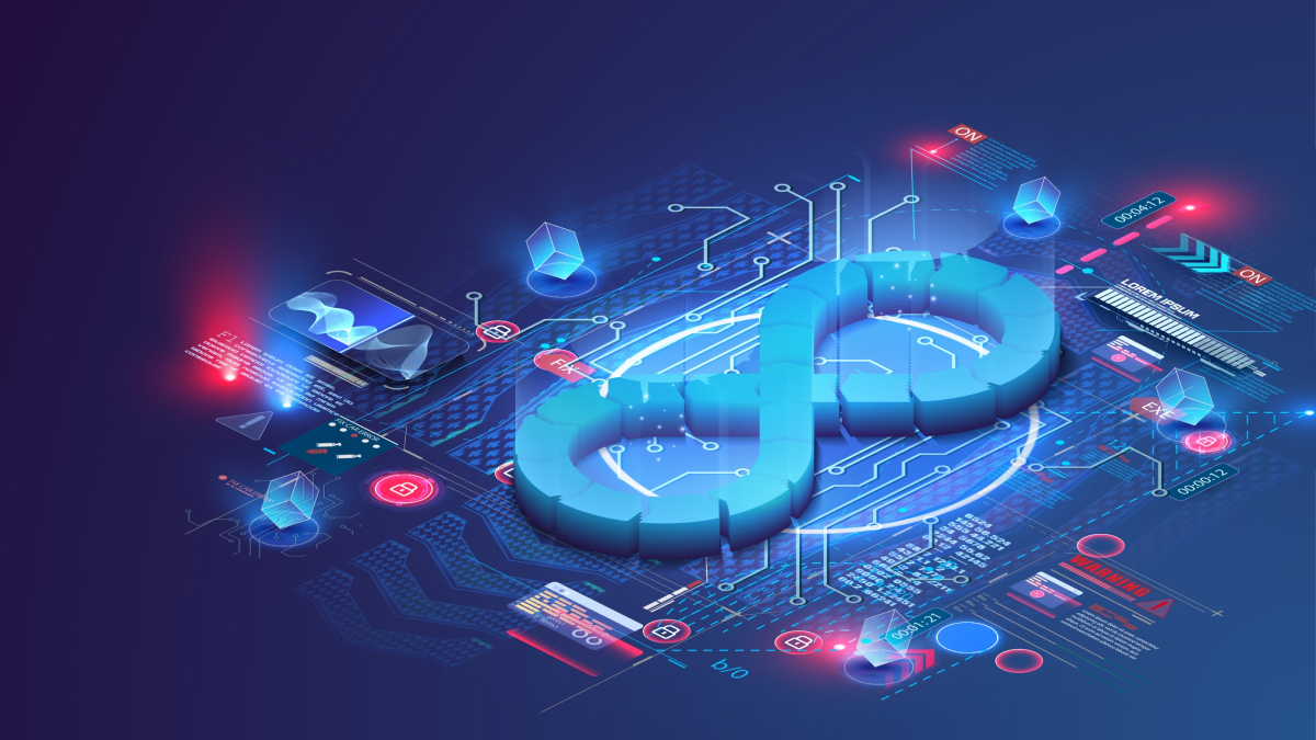a blue illustration of the devops infinity loop with AI, testing, and automation icons around it, showing the core software delivery platfom working together.