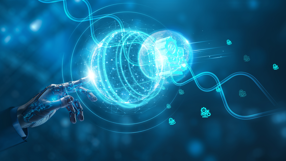 blue background with robotic hand pointing to code illustrating agentic AI and ai in devops.