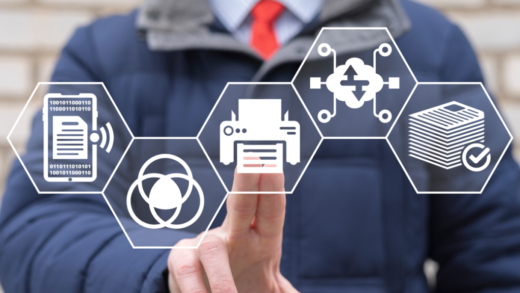 man touching fax icon on screen