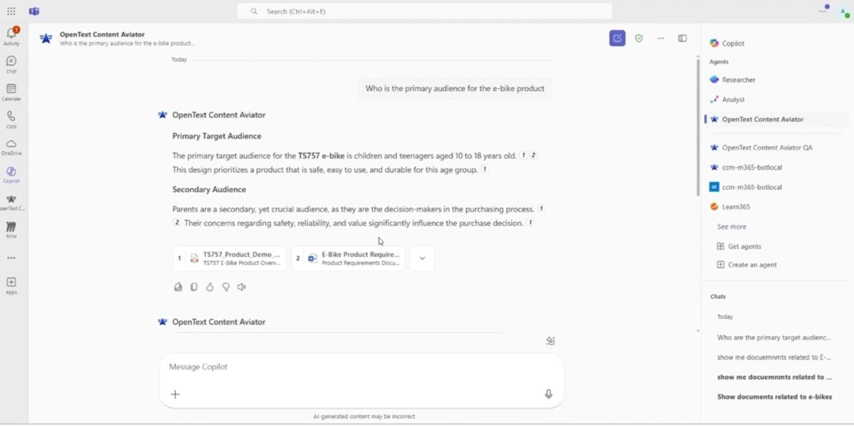 Screenshot of OpenText Content Aviator accessible from Microsoft Copilot.