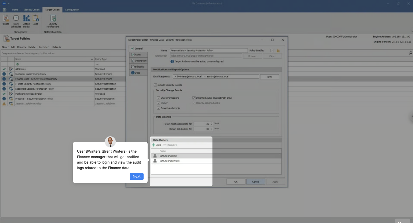 This is a screenshot from OpenText File Reporter showing that a Finance Manager will get noticifed and will be able to  view the audit logs related to finance data. 