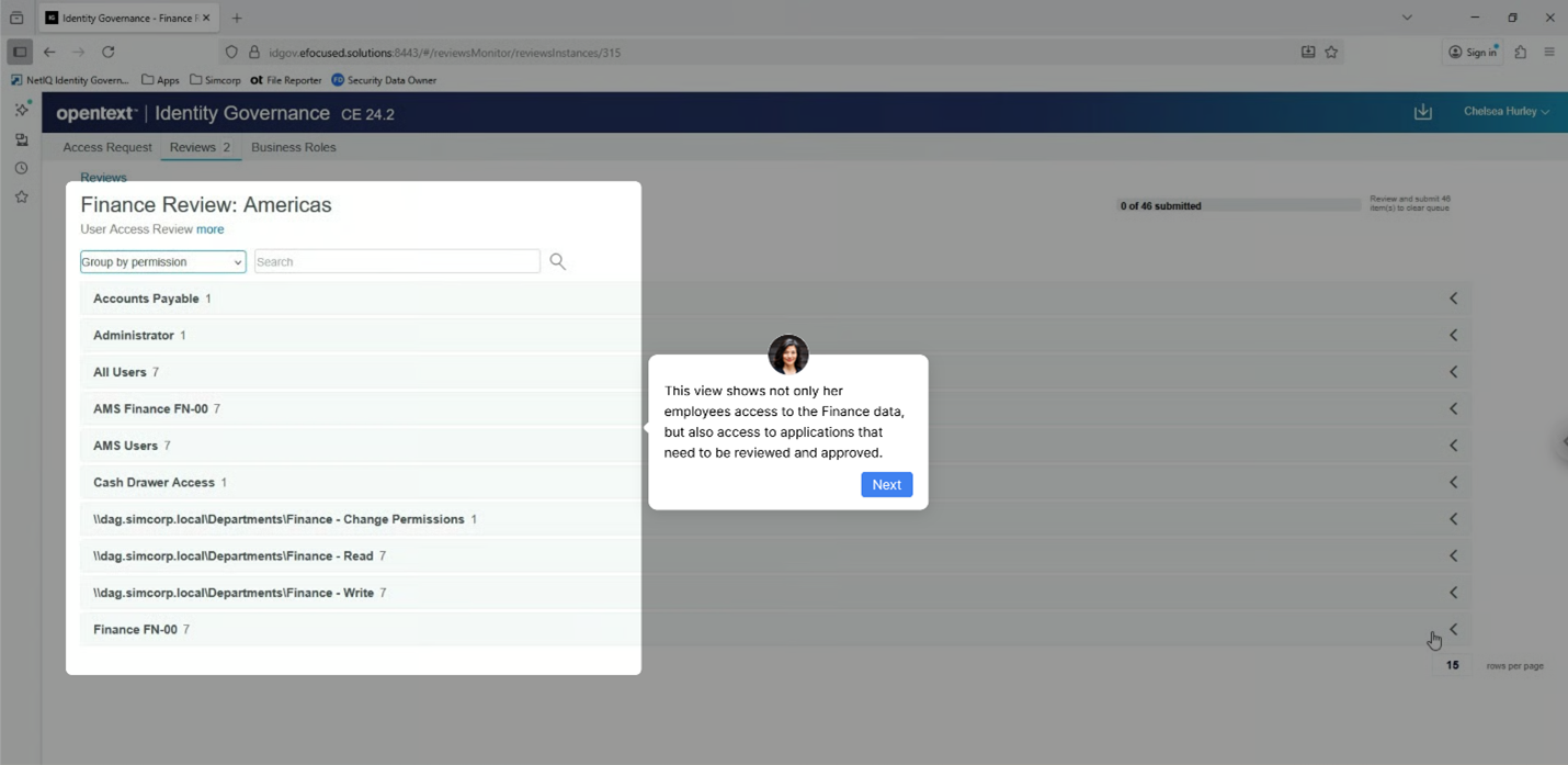 This is a screen shot from OpenText Identity Governance performing an access review to correct improper access permissions for both unstructured data and applications. 