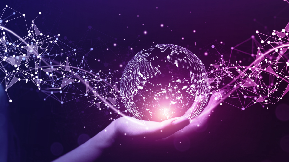 female's hand holding a digital world in her hand and an illustration of a digital supply chain orchestration extends out from and around the globe.