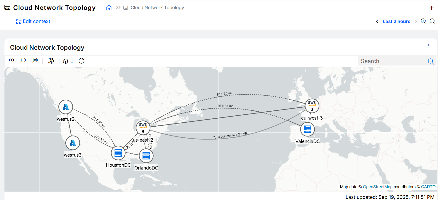 Map of the world with network nodes and paths and performance metrics from OpenText Network Observability.