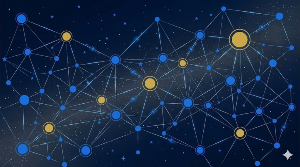 Night sky starfield with stars connected by lines. Some stars are blue some gold. OpenText Network Observability