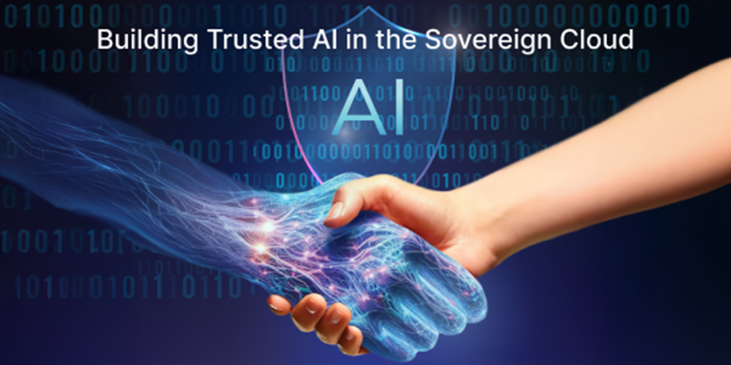 Human hand and AI hand shaking. OpenText building trusted AI in the Sovereign Cloud