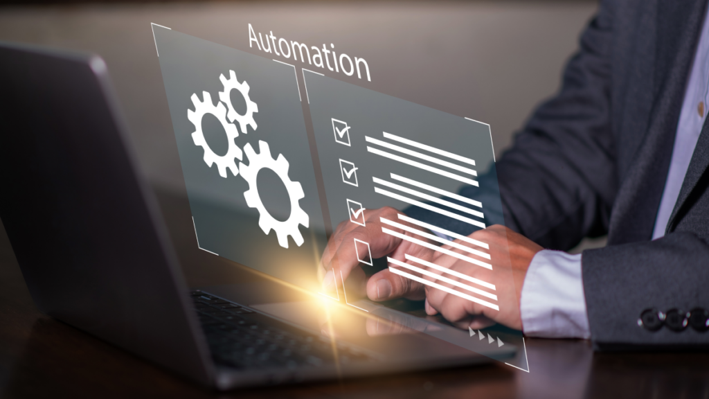 hand on mouse with lists and cogwheels popping up on the screen