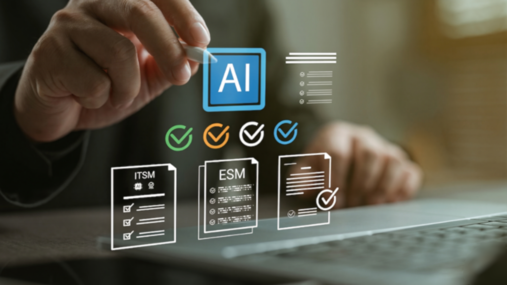 A person holding a stylus points to a holographic AI icon above three document checklist icons, illustrating how AI technology integrates with ITSM, ESM, and general verification processes in a workplace setting.
