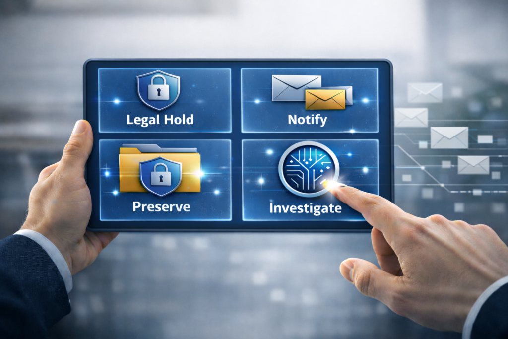 Text on screen reads: Legal Hold, Notify, Preserve, Investigate