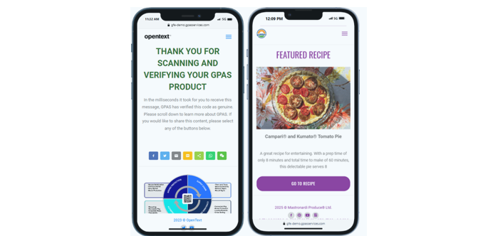 two mobile phones: one showing OpenText GPAS product, which supports cosmetic anti-counterfeiting, and the other showing a recipe customized to user