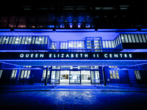 front of the conference center light up at night