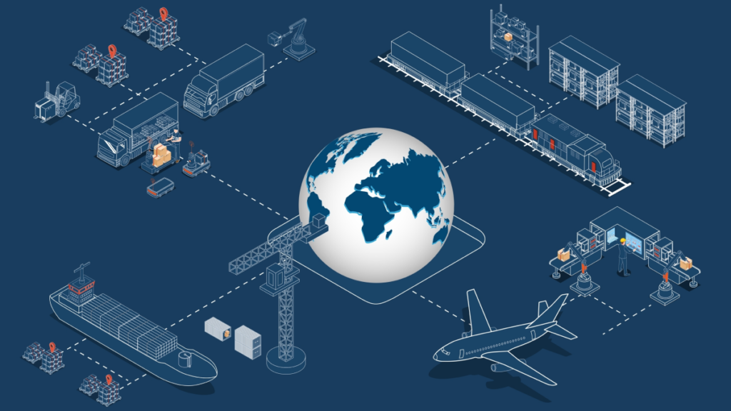 dark blue background with illustration of the globe surrounded by planes, buildings, and transport vehicles, indicating government supply chain visibility.